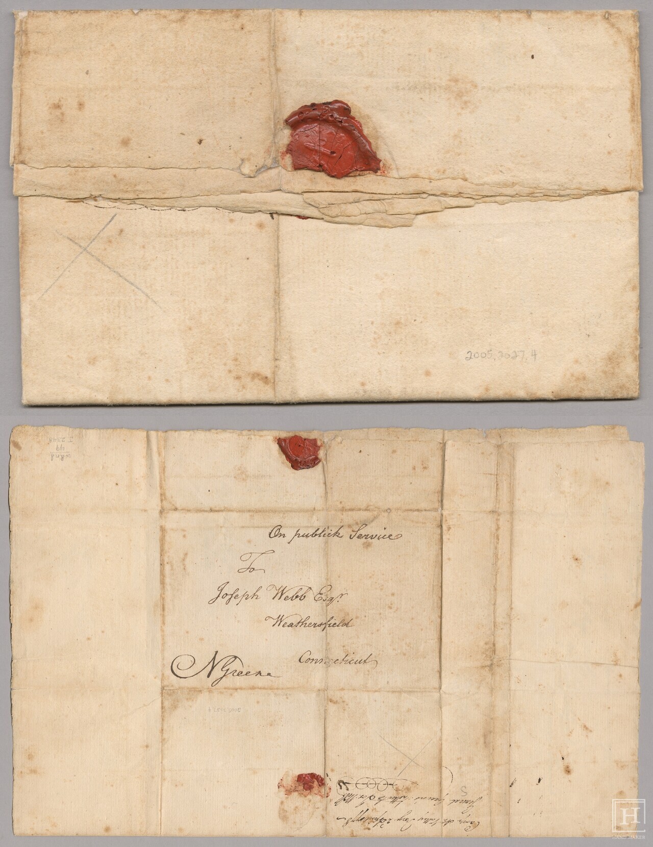 A folded letter sent by Nathanael Greene from Valley Forge. Instead of a separate envelope, the…