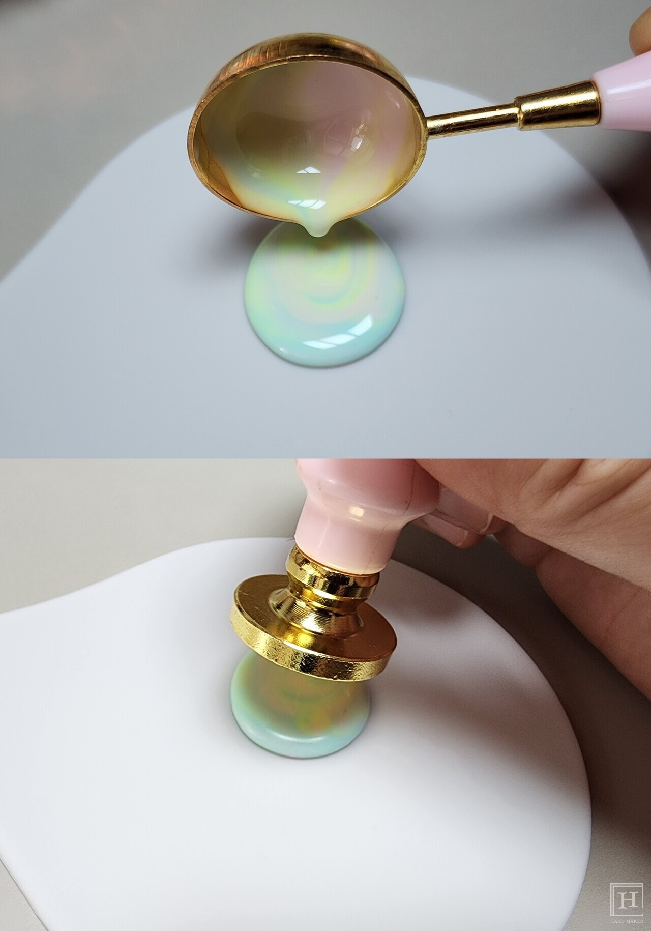 Press the stamp onto the poured wax / Reporter Eun-ji Jeon